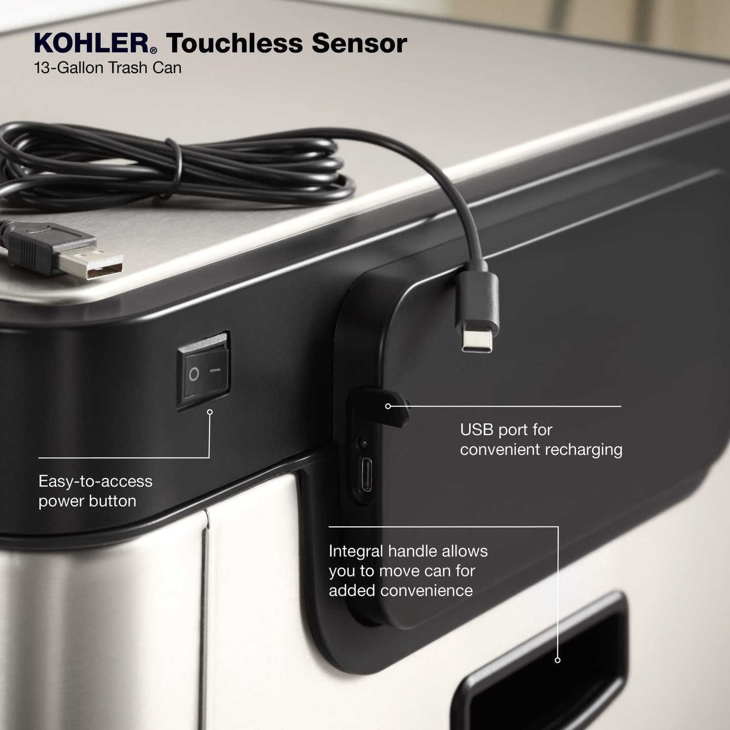 Kohler 23825-BST 13-Gallon Touchless Black Stainless Steel Trash Can, Hands-Free Motion Sensor Lid, Durable, Fingerprint-Resistant, Easy to Clean, K-23825-BST