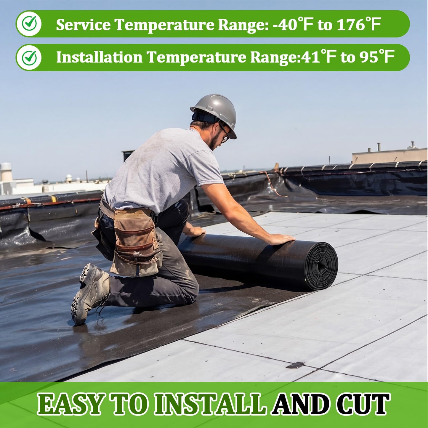 Pushglossy 1 Roll EPDM Rubber Roofing Membrane 39" x 15ft, Self-Adhesive Waterproof Underlayment, 50 Mil Reinforced Flat Roof Sheet, Ice and Water Sheet for RV, Shed, Garage and Patio