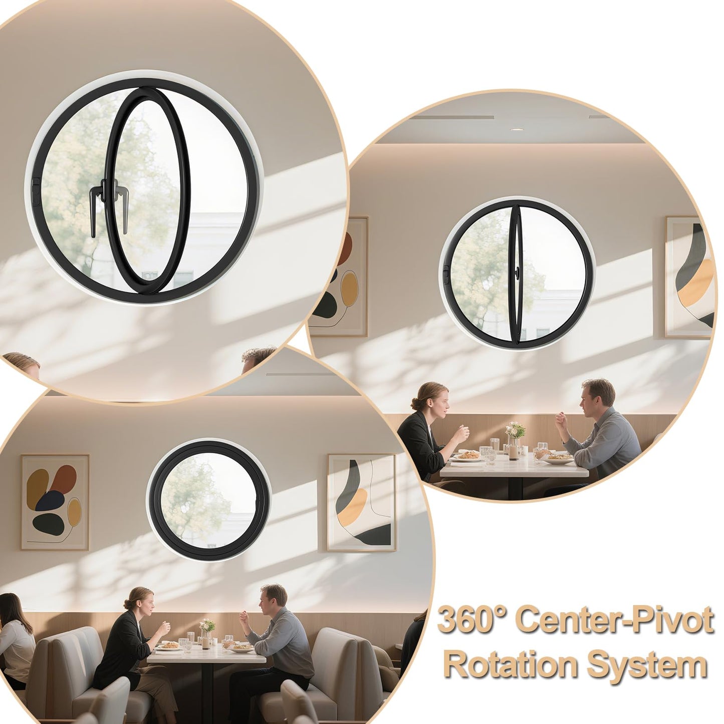 360° Rotating Round Window, 23.6" Flush Mount Tempered Glass Porthole Window, Metal Pivot Casement Window with Handle, Home Indoor Ventilation Windows Replacement for Kitchen Bedroom Living Room