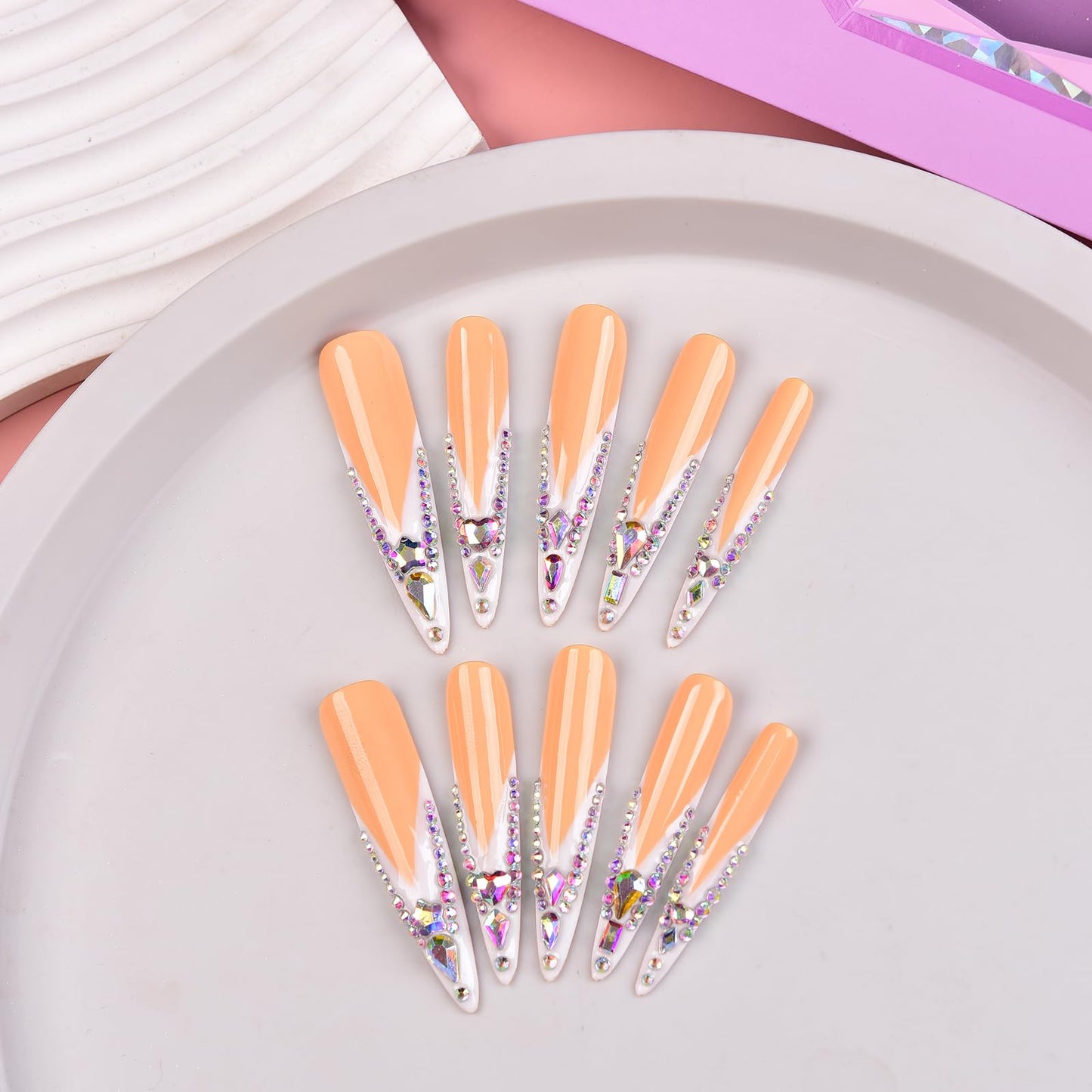 Tmani 10pc/set Extra Long Handmade Press On Nail Hot Girl's Long Ballet Nails Pointed Nail Full of Diamond Glitter Decoration Fake Nails Suitable For Girls Festival Parties and Birthday Gift（007,S)