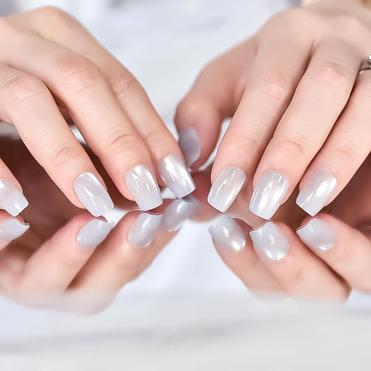 IKISKT Press On Nails - White Cat Eye Tips | Shiny Glitter Petie Sliver Solid Light Paste l UV Medium Short Square Shape False Fake Nails, Reusable Glue | 10-12 Sizes - 30 Nail Kit