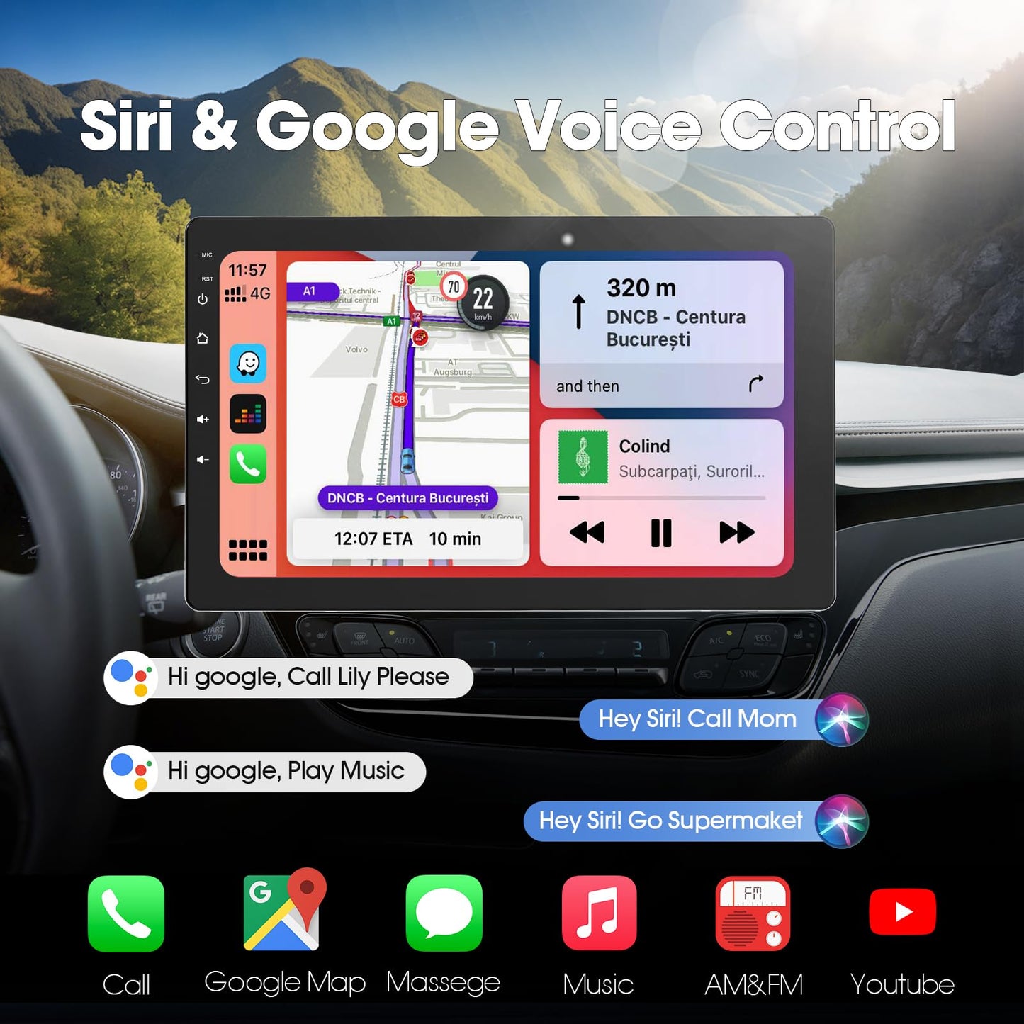 Haudio 10.1 inch Single Din Car Stereo, Rotatable Touch Screen Radio with Wireless Apple CarPlay & Android Auto, Backup Camera, Mirror Link, SWC, GPS, Voice Control, Bluetooth, WiFi