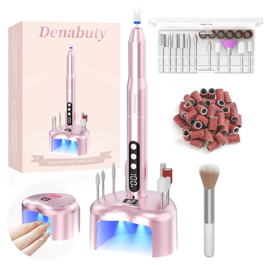 Denabuty Cordless Electric Nail Drill File: 35000RPM Professional Nail Drill Machine with UV LED Nail Lamp Charging Base, Manicure Pedicure Kit E File for Acrylic Gel Dip Powder Polish Pink