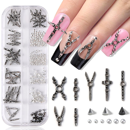 Furtherpretty Gothic Nail Charms Set, 3D Metal Punk Bondage Nail Accessories with Silver Spikes & Rivet Studs, Y2K Hollow Harness Strap and Belt Buckle Designs, Goth Nail Art Decorations with Tweezers