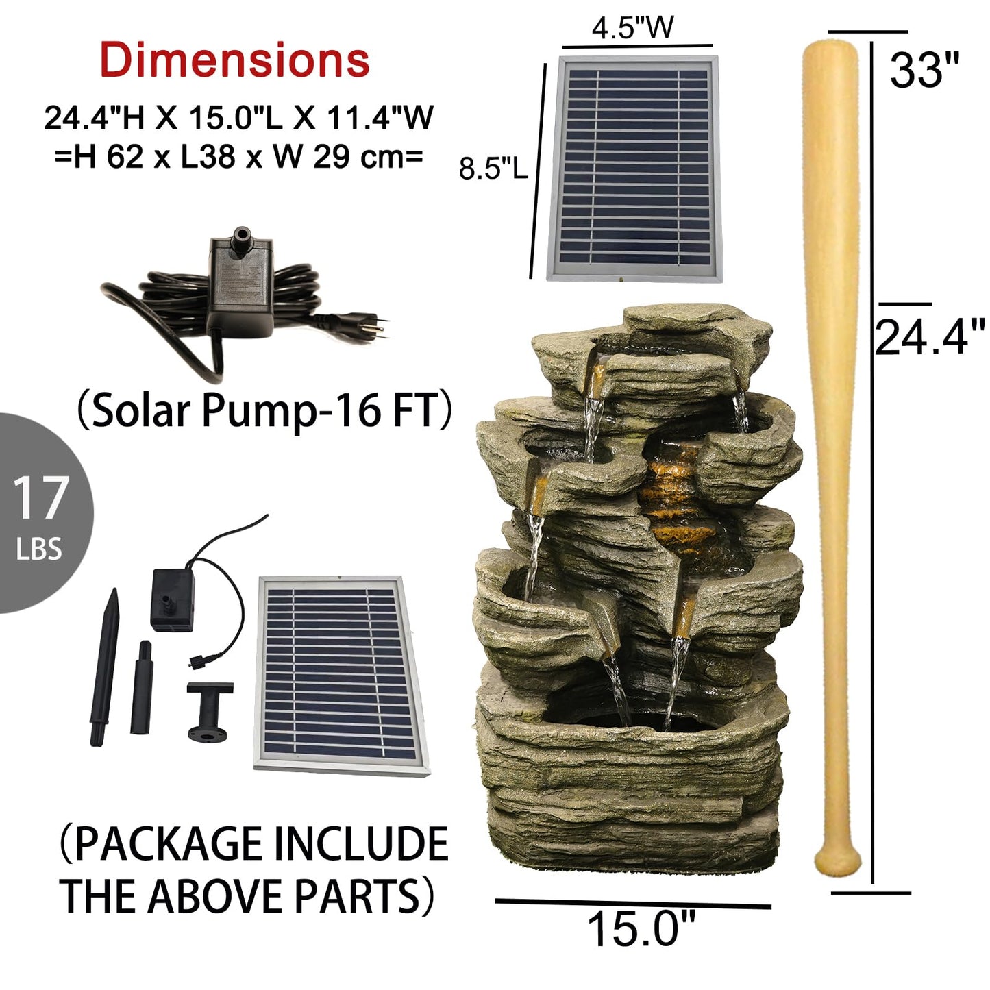 Bumilgar 6 Tier Cascading Rock Solar Water Fountain Outdoor Garden Waterfall Decor for Garden, Patio, Backyard, Deck, Porch and Home Art Decor,24.4" H Outdoor Fountain with LED Lights