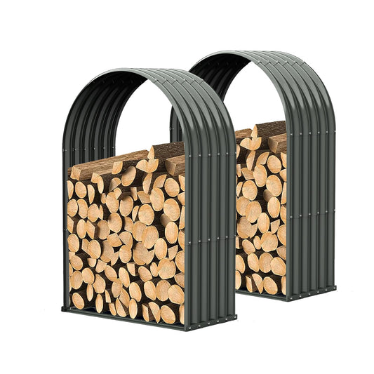 A ANLEOLIFE 2-Set Galvanized Steel Firewood Storage Rack with Weatherproof Corrugated Roof, Heavy Duty Outdoor Log Holder for Patio Porch Fire Pit, Arch Gray