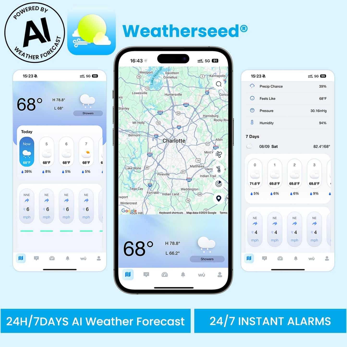Sainlogic WiFi Smart Weather Stations Wireless Indoor Outdoor,24/7 AI Weather Forecast by Weatherseed®,APP Alert,Weather Station with Rain Gauge and Wind Speed,2-Year Data Storage（Only 2.4G）