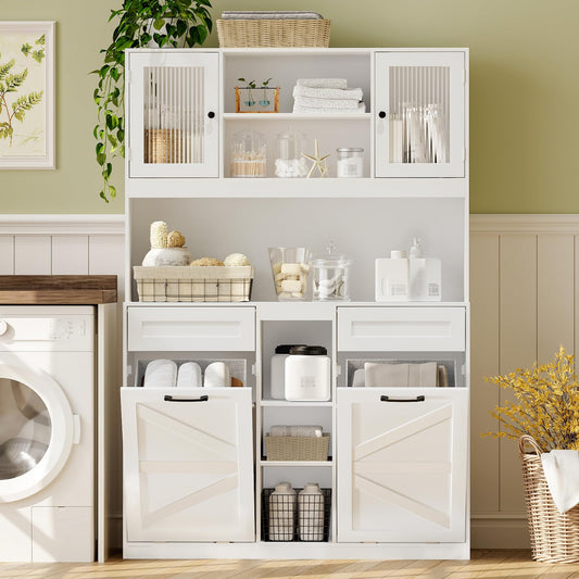 STHYTON Tall Tilt-Out Double Laundry Hamper Cabinet with 2x11-Gallon Hidden Laundry Basket, Tilt Out Trash Bin Cabinet with Fluted Glass Doors, Farmhouse Wooden Bathroom Storage with Push Doors, White
