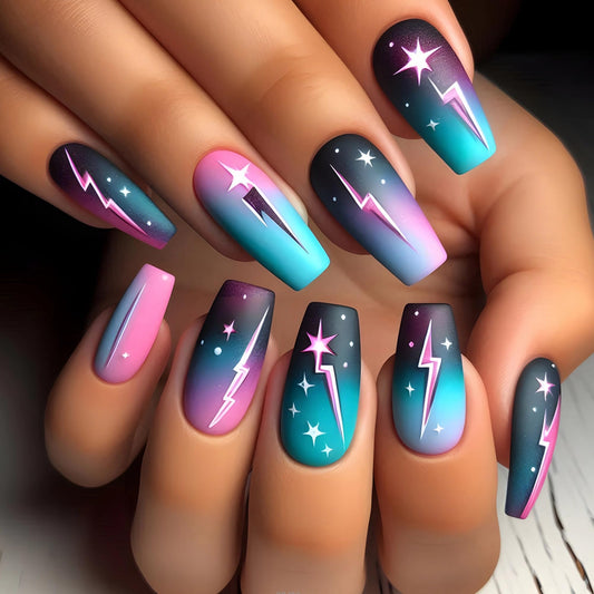 MERVF Coffin Press on Nails Long Fake Nails Colorful Starry Sky Glue on Nails Flash Design Gradient Ballerina Acrylic Ombre False Nail Matte 24pcs
