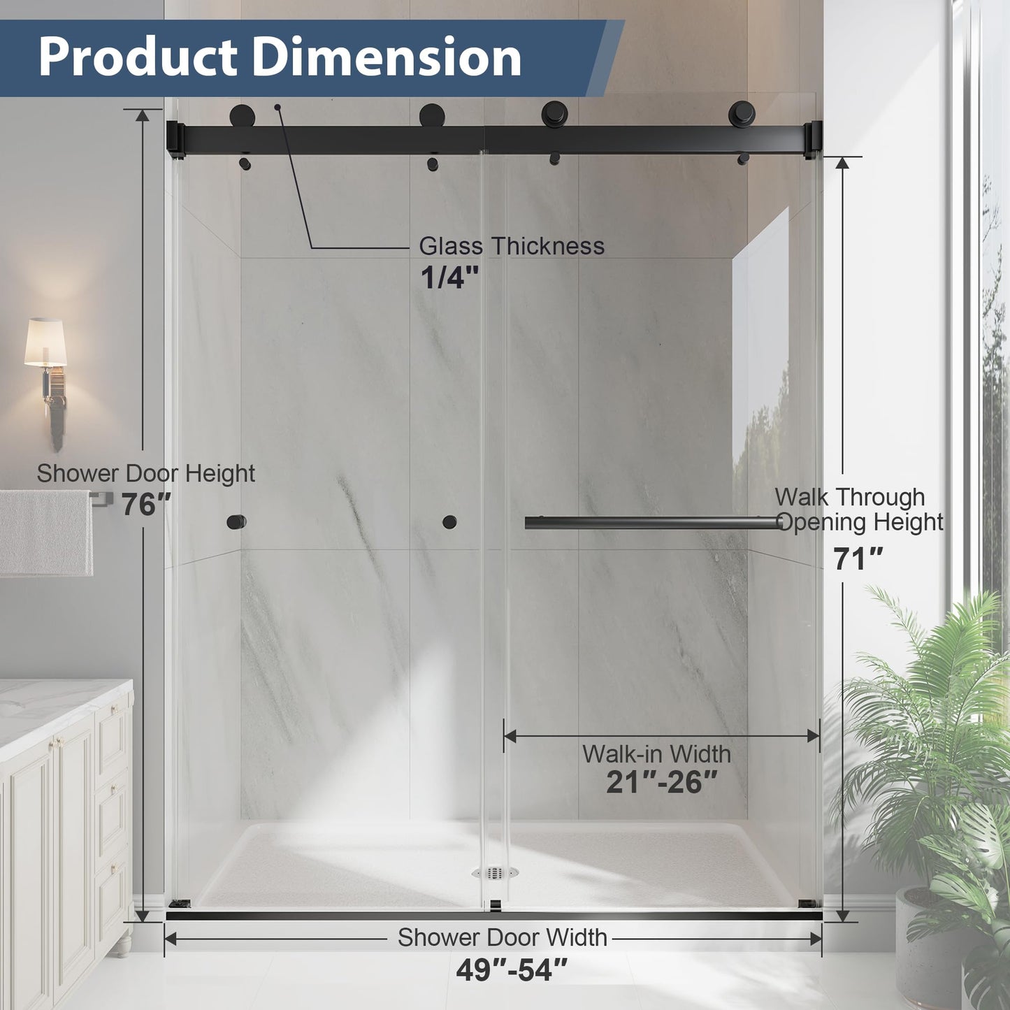 EASYWORC Frameless Double Sliding Shower Doors, 49-54" W x 76" H Shower Glass Door, 1/4" (6mm) Thick ANSI Certified Tempered Glass with Explosion-Proof Film and Nano Coating, Matte Black