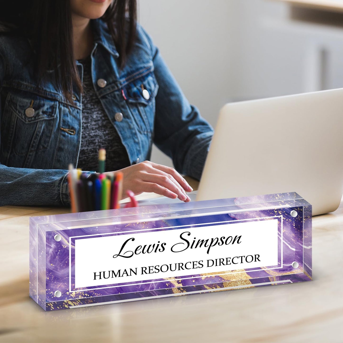 HETOOSHI Desk Name Plate Personalized, Desk Double sided pattern Name Plate Personalized Office Desk Decor for Women and Men , Teacher Nurse Boss Employee Appreciation Gifts (Purple marble, fixed pattern)