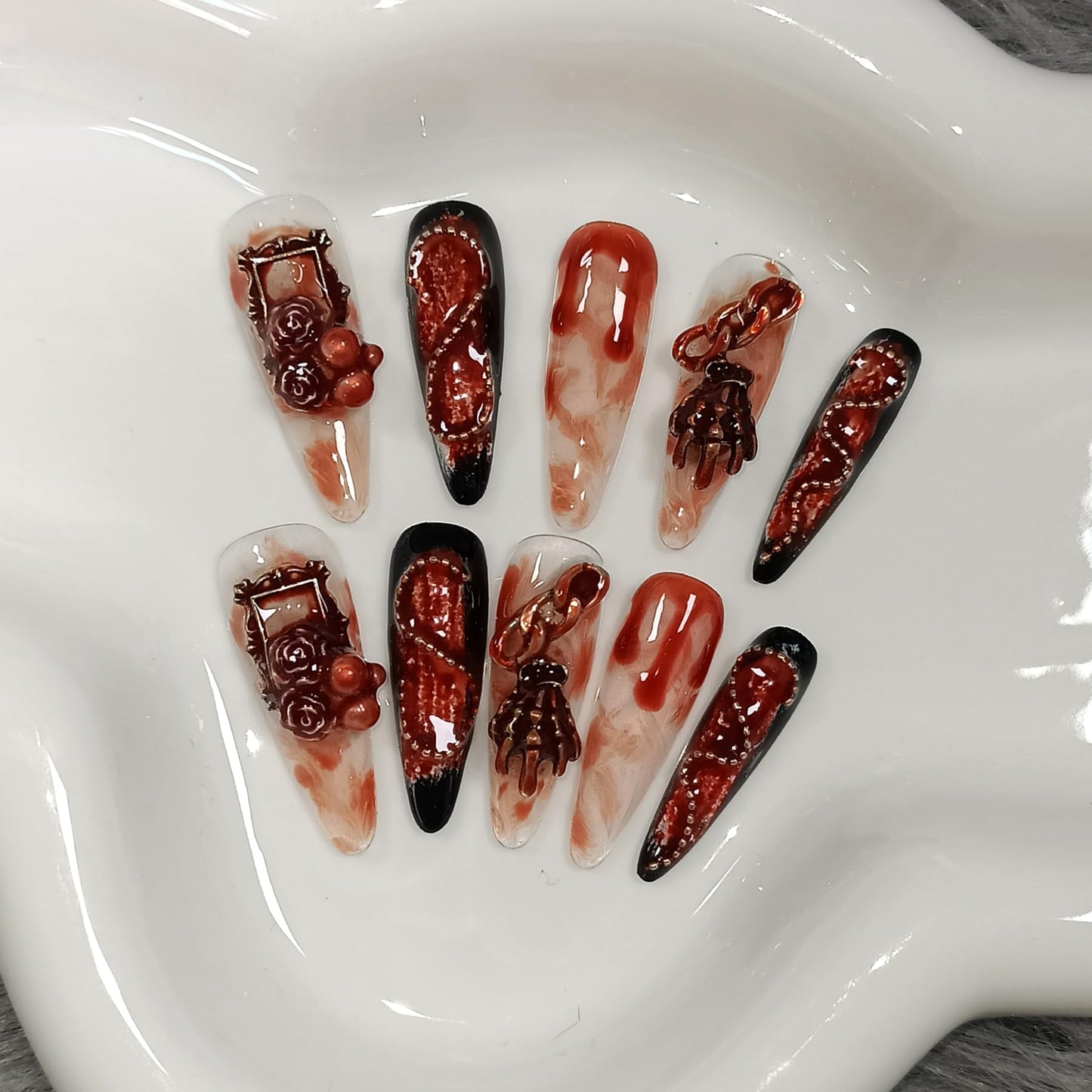 TENPAL 10Pcs Gothic Press On Nails With Tools,Blood Stain Black Red Long Stiletto Fake Nails, Distressed Roses Skull Hands 3D Art Designs Glue on Nails for Halloween Parties, Glossy Vampire Nails(M)
