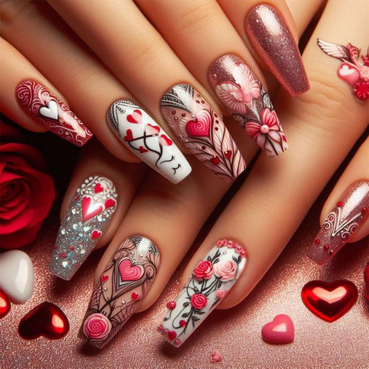 Valentine's Day Press on Nail Long Coffin Fake Nails with designs Pink Press ones Full Cover Hearts Stick on Nail Glitter Acrylic False Nails Reusable Glue on Nails for Women Romantic Manicure24pcs