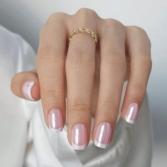 White Chrome French Tip Press on Nails Short - SHANGMENG Soft Gel Press on Nails Square for Women Gift, Glossy Glue on Nails in 16 Sizes - 32 Reusable Fake Nails Kit with Glue, Aurora French