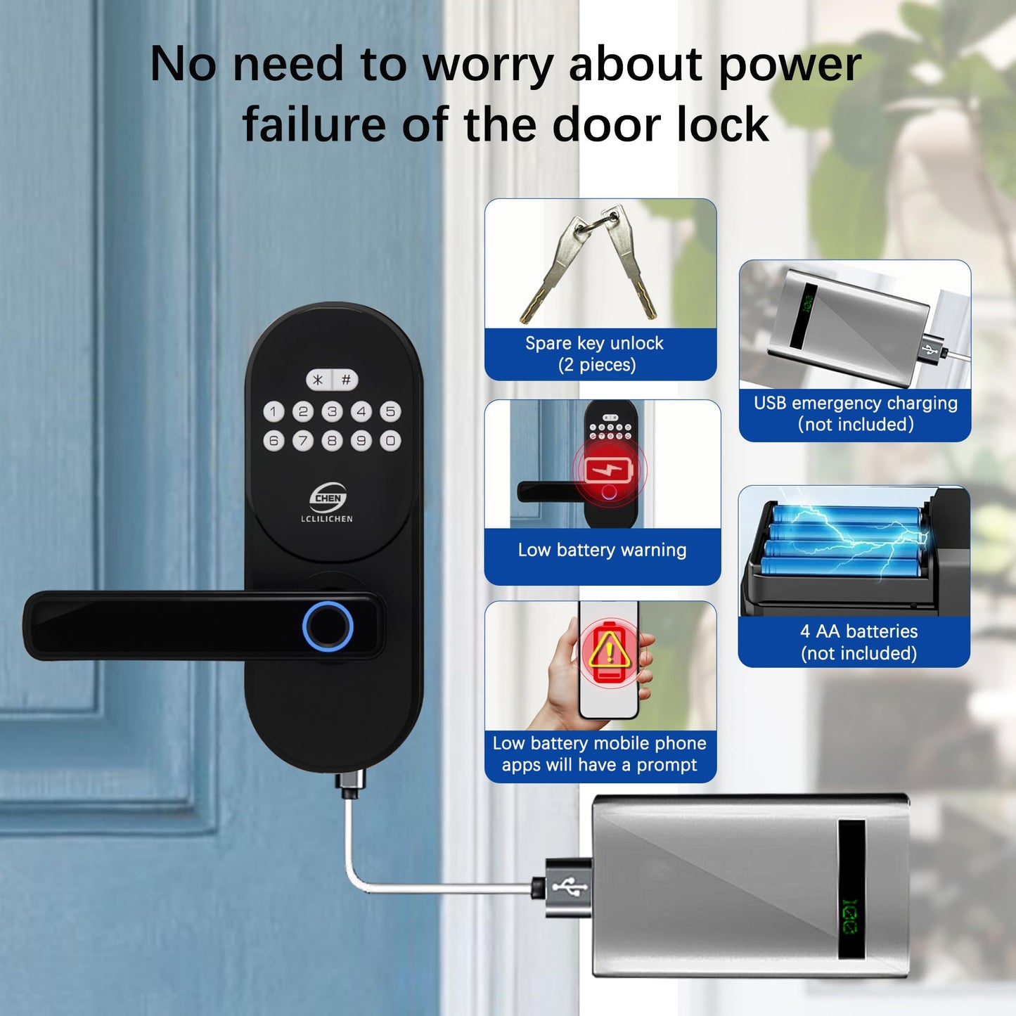 CHEN LCLILICHEN Keyless Entry Door Lock with Handle, Smart Fingerprint Deadbolt, APP Control & Keypad Password Unlock for Front Door, Home, Apartment