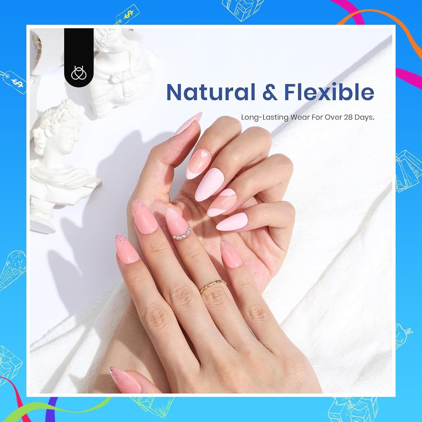 Beetles Gel Nail Kit Etch-X, Almond Short, 504pcs 12 Sizes Nail tips, with 9 in 1 Nail Glue Mini LED Light, Acrylic Half Matte Tips Press On Nail, Extension DIY Set at Home, Gift for Women & Girls