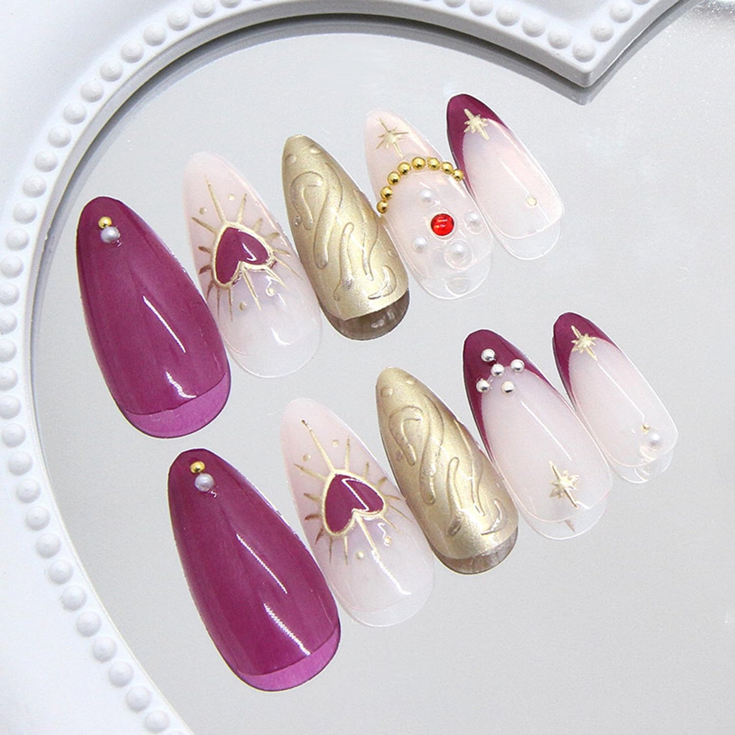 24Pcs Purple Press on Nails Medium Almond Fake Nails 3D Ripple Star Heart Pearl Design Removable Oval Press on Y2K Gold French False Nails Full Cover Glue on Nails Glossy Artificial Nails for Women