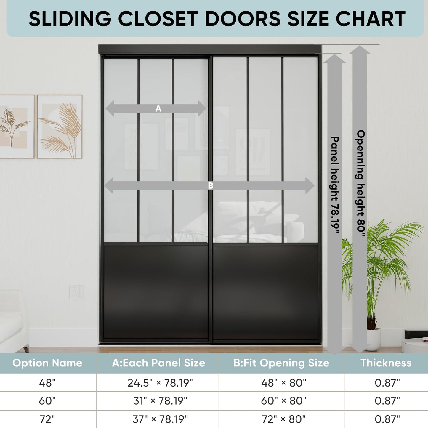 JUBEST Sliding Closet Door 72 x 80", Black Farmhouse Sliding Door with Top & Bottom Track Kits, Preassembled Frosted Glass Bypass Closet Door, Easy to Install