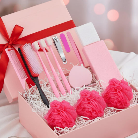 Funnymoom 14 Pcs Pink Galentines Day Gifts for Her Pink Theme Gifts Set Love Mirror Bath Sponge Toothbrush Nail File Nail Clipper Tweezer Towel Comb for Valentines Women Friends Friendship