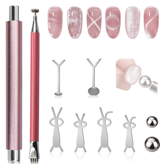Plman Double-Head Cat Eye Nail Magnet Set, Nail Magnet Tool with Magnet Beads and Nail Magnet Guides, Flower Design Nail Magnetic Pen, Cat Eye Magnet for Nail Art DIY (Double-Head Set-Pink)