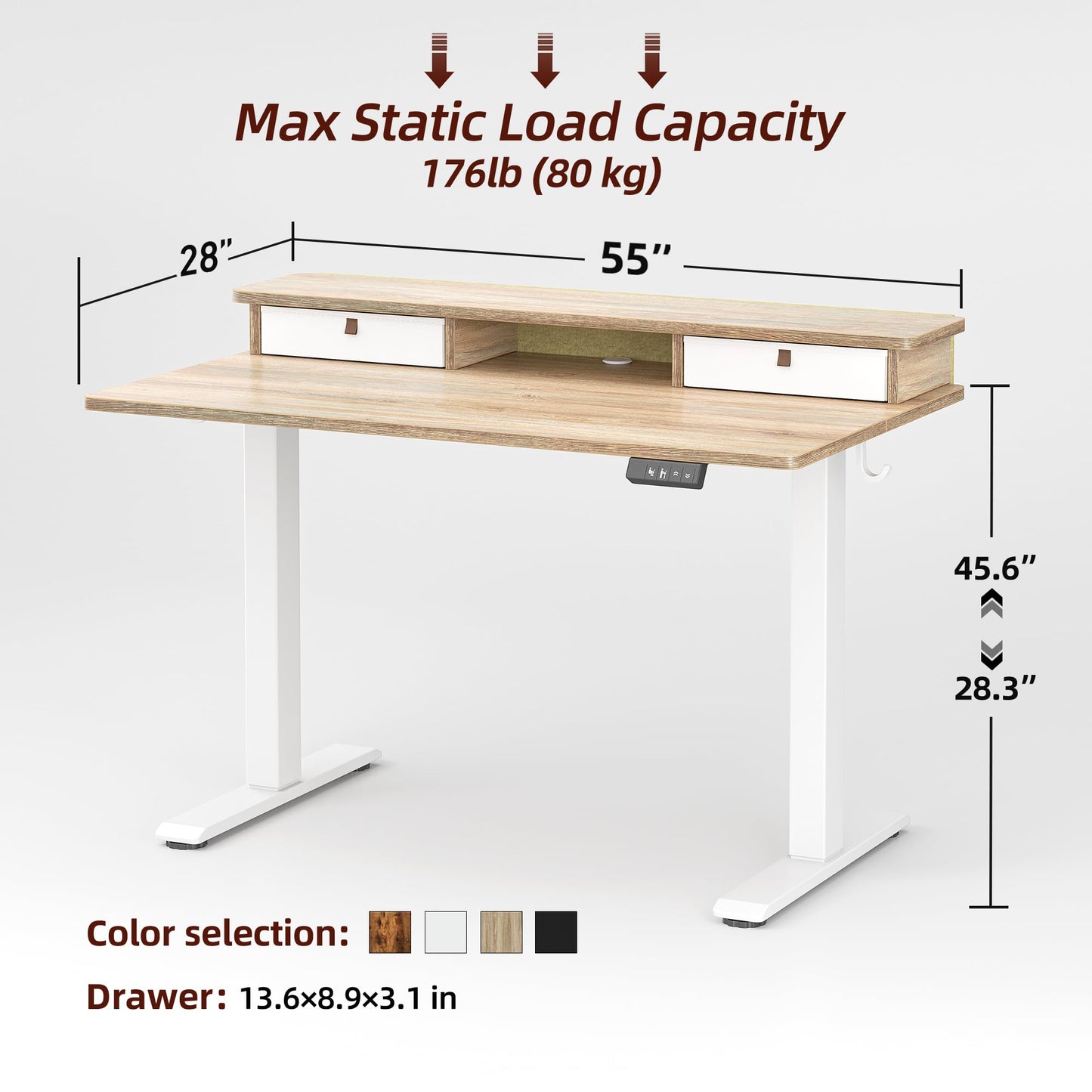 TIQLAB Standing Desk with Two Drawers, Stand Up Standing Desk Adjustable Height, Electric Sit Stand Table with Storage Shelf and Splice Board, 55 * 28 inch, Maple