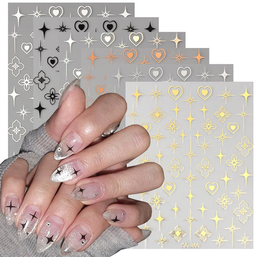 6 Sheets Gold Star Nail Sticker, Retro Design,3D Self-Adhesive Nail Decals Silver/Pink Gold Hollow Cross Star Heart Glitter Designer Nail Supplies Elegant Luxury Manicure Sticker DIY for Women Girls