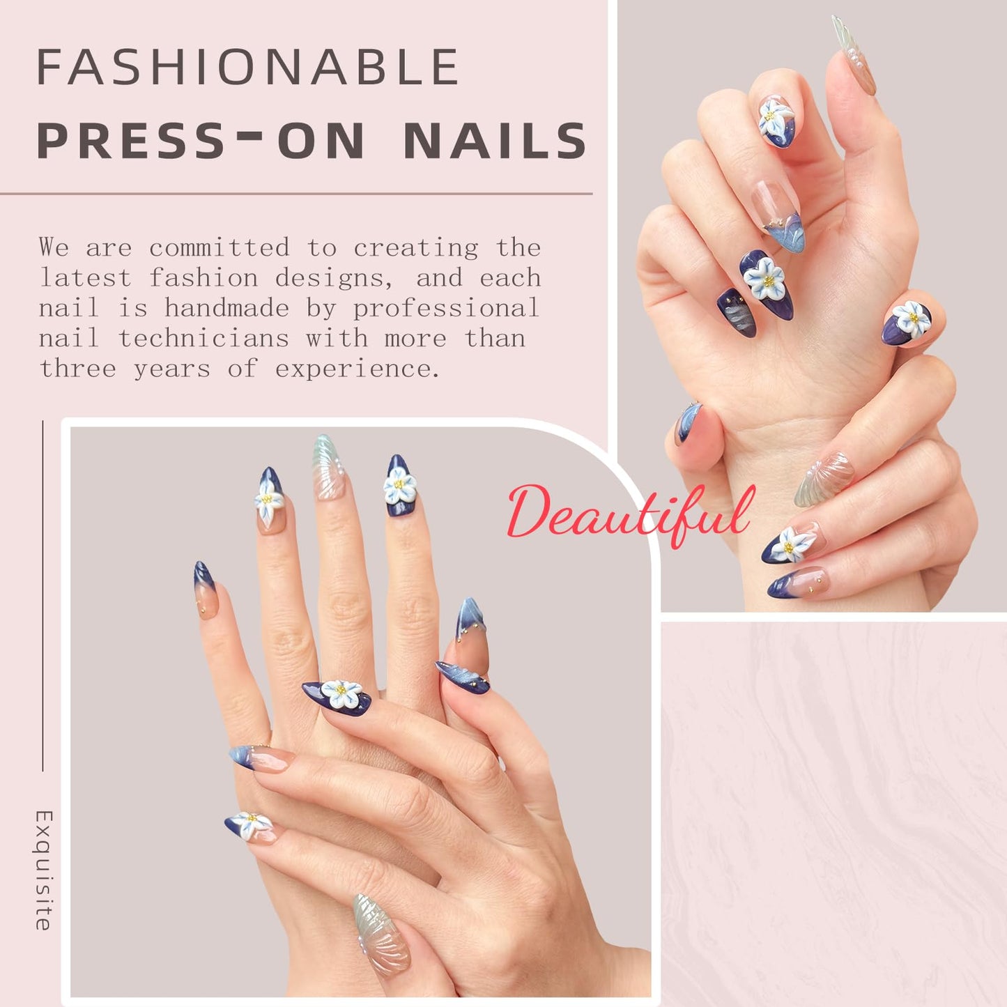 Handmade Press-On Nails – Medium Almond Thick Acrylic Gel Nails, Reusable 3D Flower False Nails, Gradient Blue French Tip Manicure – Salon-Quality DIY Nail Art(10PCS-M)