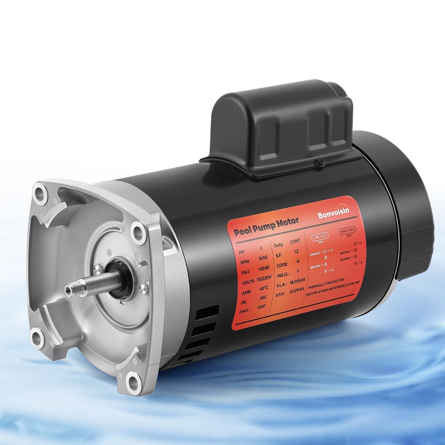 Bonvoisin 1.5HP Pool Pump Motor 56Y Frame 3450 RPM CCW Rotation Square Flange Replacement Motor with 80μF/300V Capacitor for Above Ground and Underground Swimming Pools 115V/230V