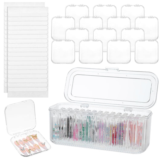 Press On Nail Orgnizer 14 PCS Clear Press On Nail Storage Boxes and 1 Big Storage box with 60 Pcs Adhesive Double Sided Tape, On Packaging for Fake Display Salon
