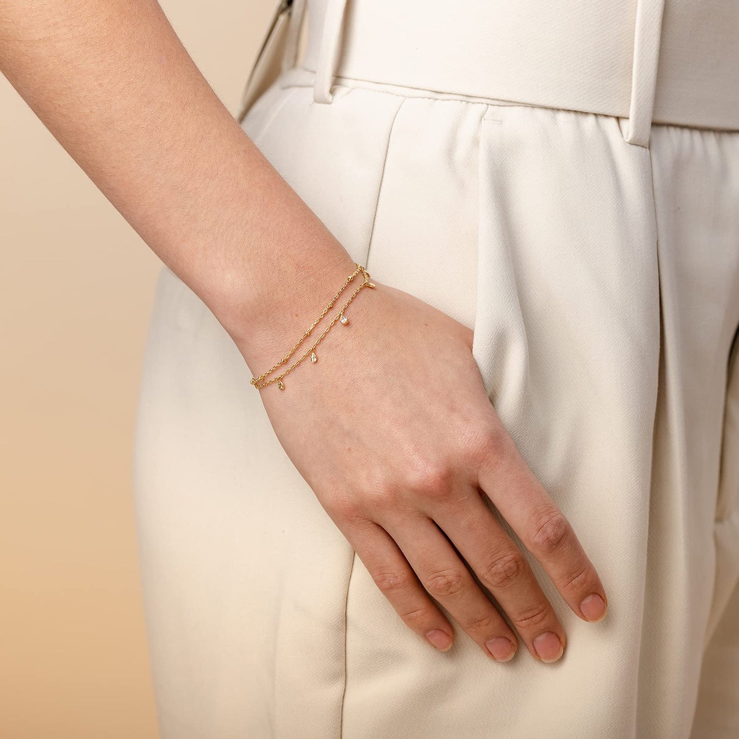 PAVOI 14K Yellow Gold Plated Layering Double Chain Bracelets for Women - Cubic Zirconia Stacking Double Wrap Chain Bracelet - Cute Best Friends Jewelry