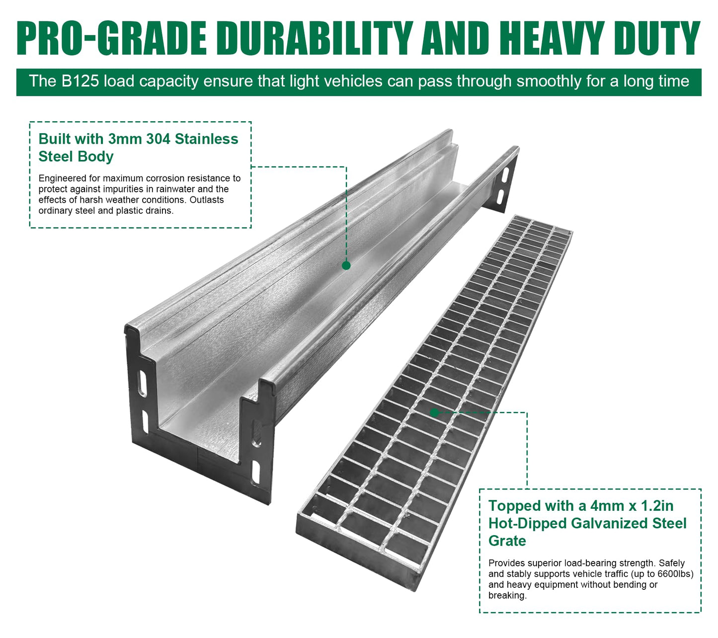 Natotela Driveway 304 Stainless Steel Channel Drain with Galvanized Steel Grate-39.4x7.1x6.3in B125 Heavy Duty Metal Trench Drain System,Durable Outdoor Drainage System for Garage,Parking Lot