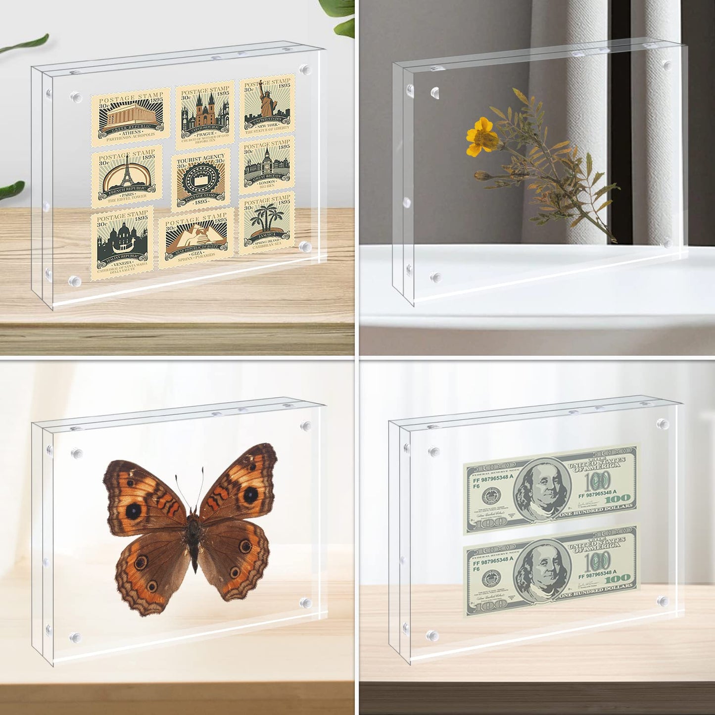 Egofine 4x6 Acrylic Frames 6 Pack, 20mm Thicker Frameless Clear Picture Frames, Double Sided Magnetic Picture Frames, Free Standing Desktop Display