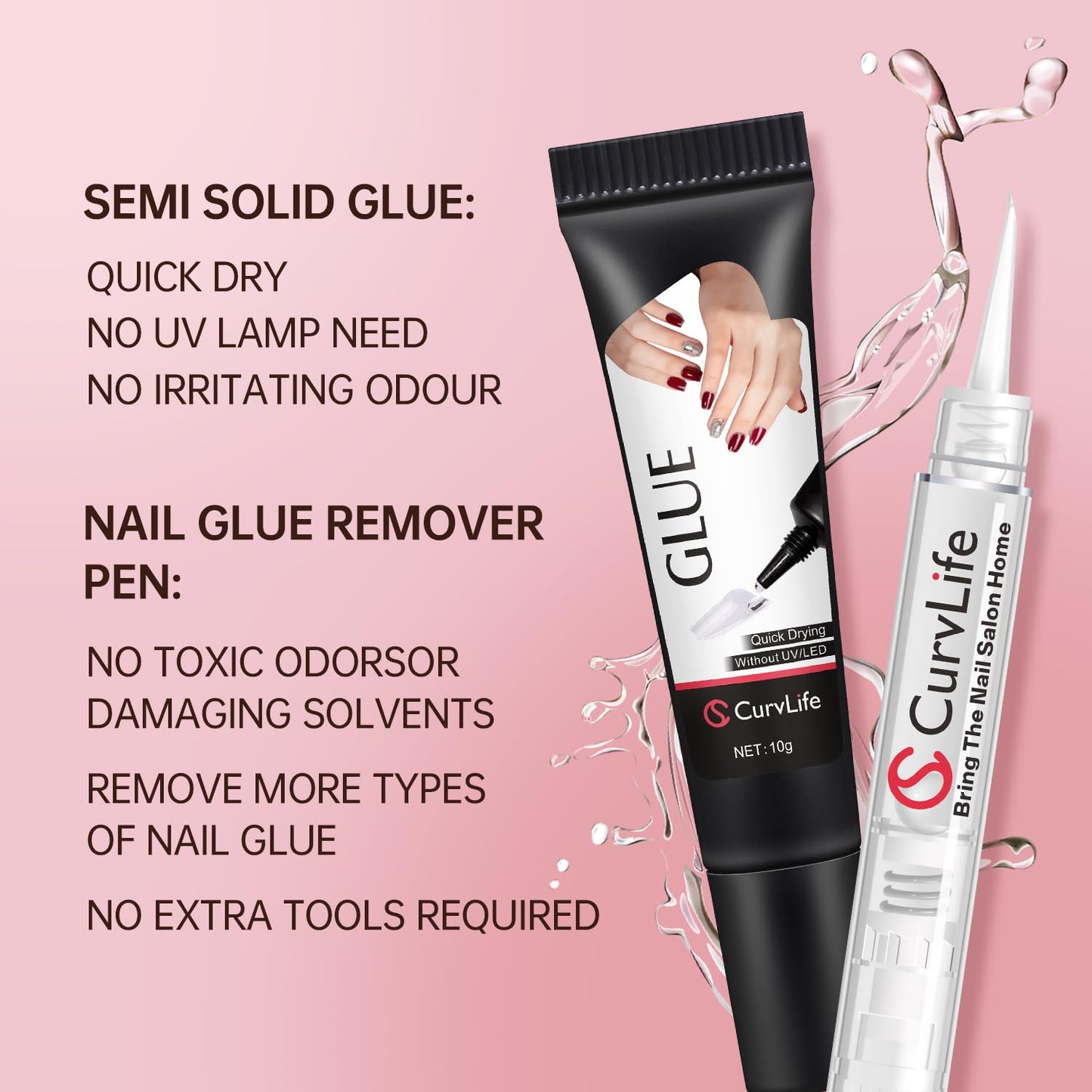 Curvlife 10g Semi Solid Nail Glue Gel with 5ml Nail Glue Remover Pen, No Need for Uv Light, Valentine's Day Gifts Gel Glue for Press On Nails, Click&Remove Pen