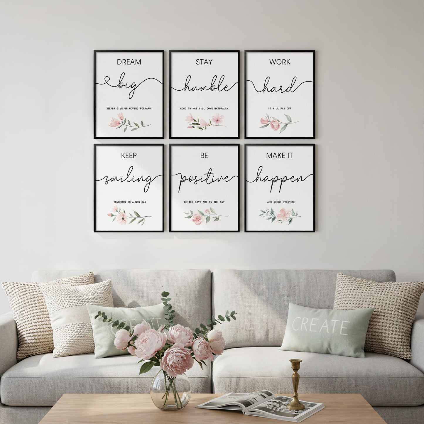 Framed Inspirational Office Wall Art Decor, 6 Piece Modern Motivational Quotes Floral Canvas Prints Artwork for Office Walls, Positive Affirmations Wall Decor for Home, Study Room, 11x14