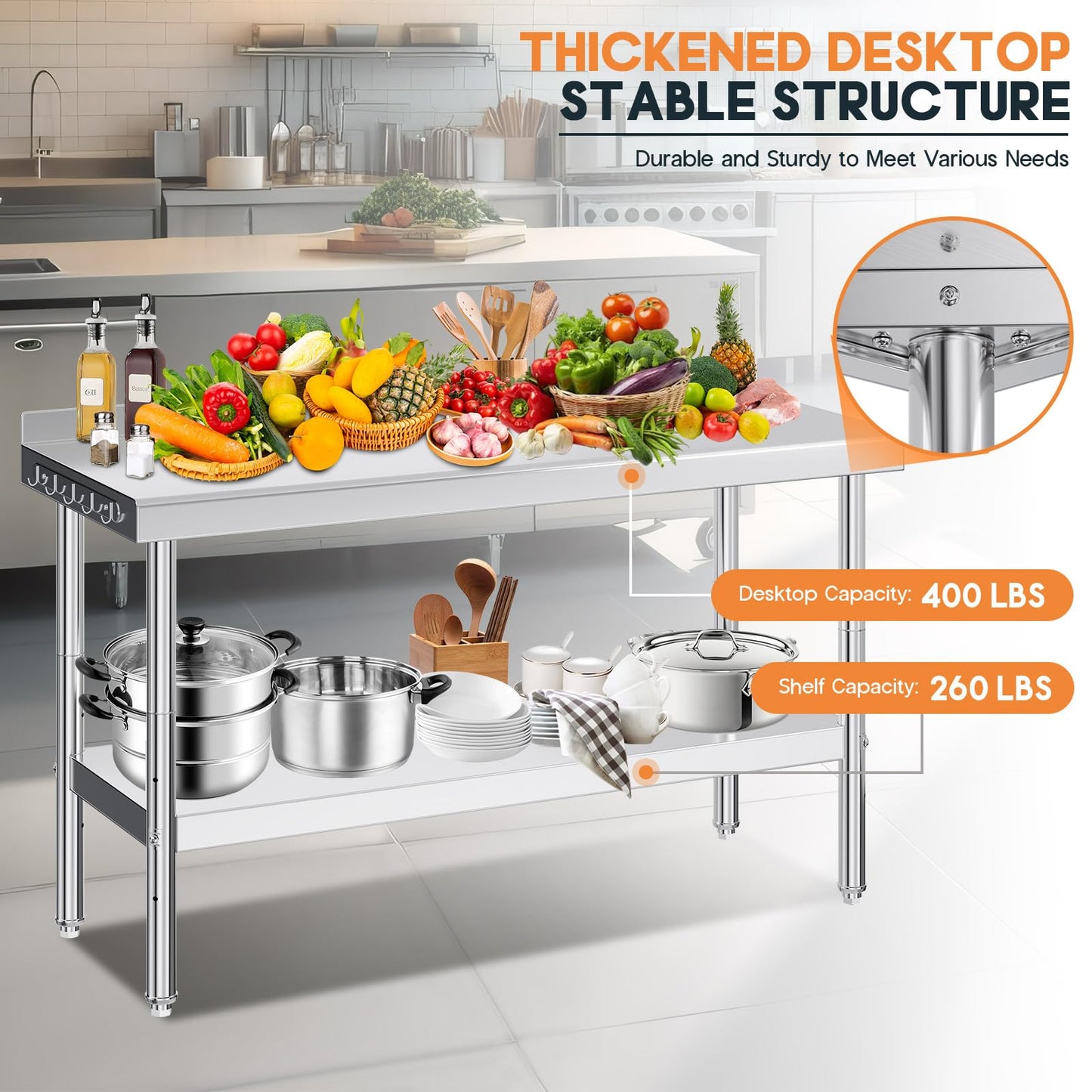 Jocisland 24" x 60" Stainless Steel Table for Prep & Work, NSF Certified with Backsplash, Adjustable Under Shelf & Safe Design for Restaurant, Home and Outdoor