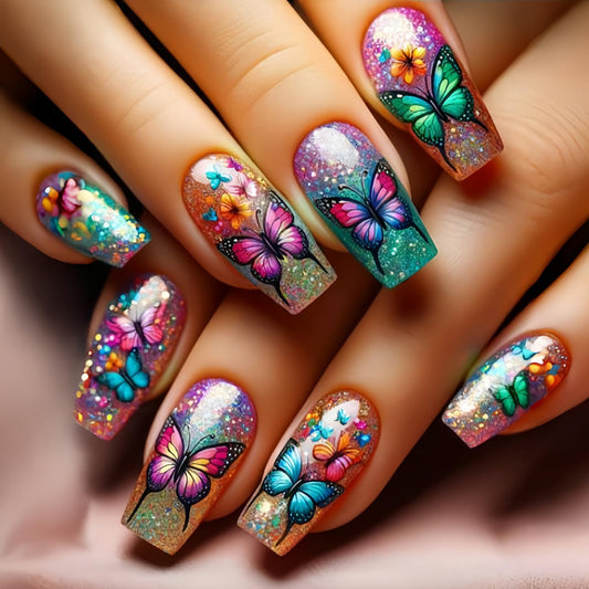 Butterfly Press on Nails Medium Ballet Shaped Gradient False Nails Press Ons with Colorful Butterflies Flower Pattern Design Artificial Fake Nails Full Cover Acrylic Stick on Nail for Women 24Pcs