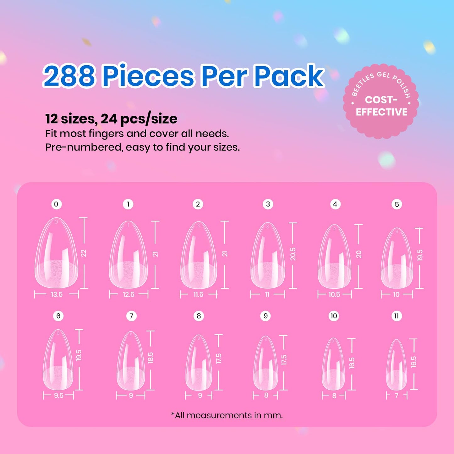 Beetles Soft Gel Nail Tips Short Almond 288pcs in 12 Sizes, Etch-X Pre-Etched Full Cover Acrylic Fake Nails Art, Salon Quality Nail Supplies, Easy DIY Nail Extension or Press On Nails, Gift for Women