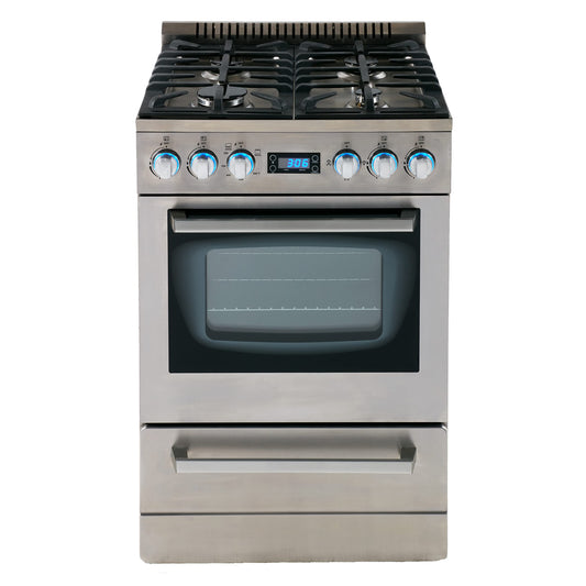 Avanti Gas Range Oven ELITE Series, Compact Freestanding Design, 2.6-Cu.Ft. Capacity 4 Sealed Burners with Electronic Ignition, Includes Broiler Storage Drawer and Accessories,24-Inch, Stainless Steel