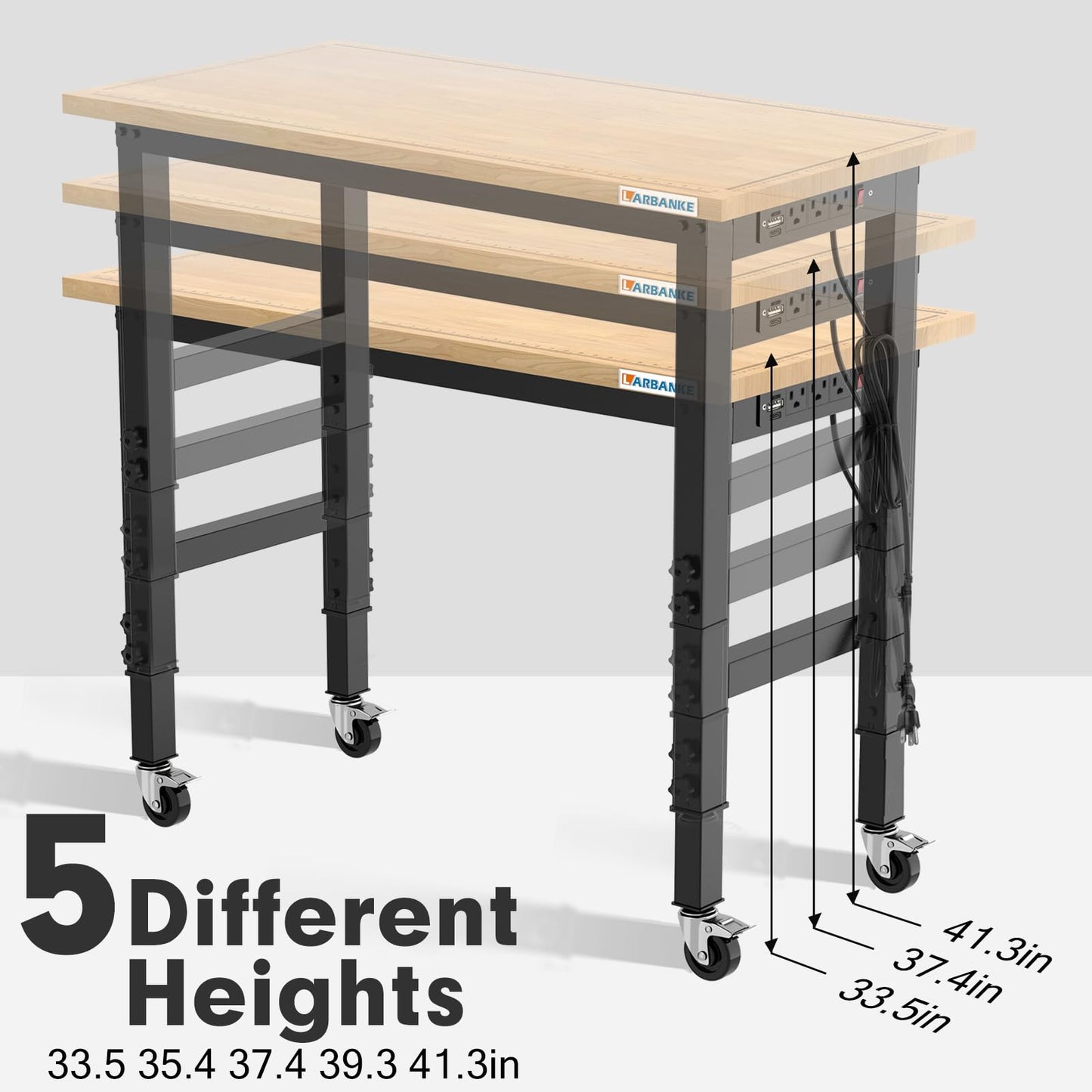 LARBANKE 48" Heavy-Duty Adjustable Workbench with Brake Wheels,Hardwood Worktable Weight Capacity Over 2000 Lbs,Rubber Wood Workbench has Adjustable 5 Different Heights,for Workshop,Garage,Office,Home