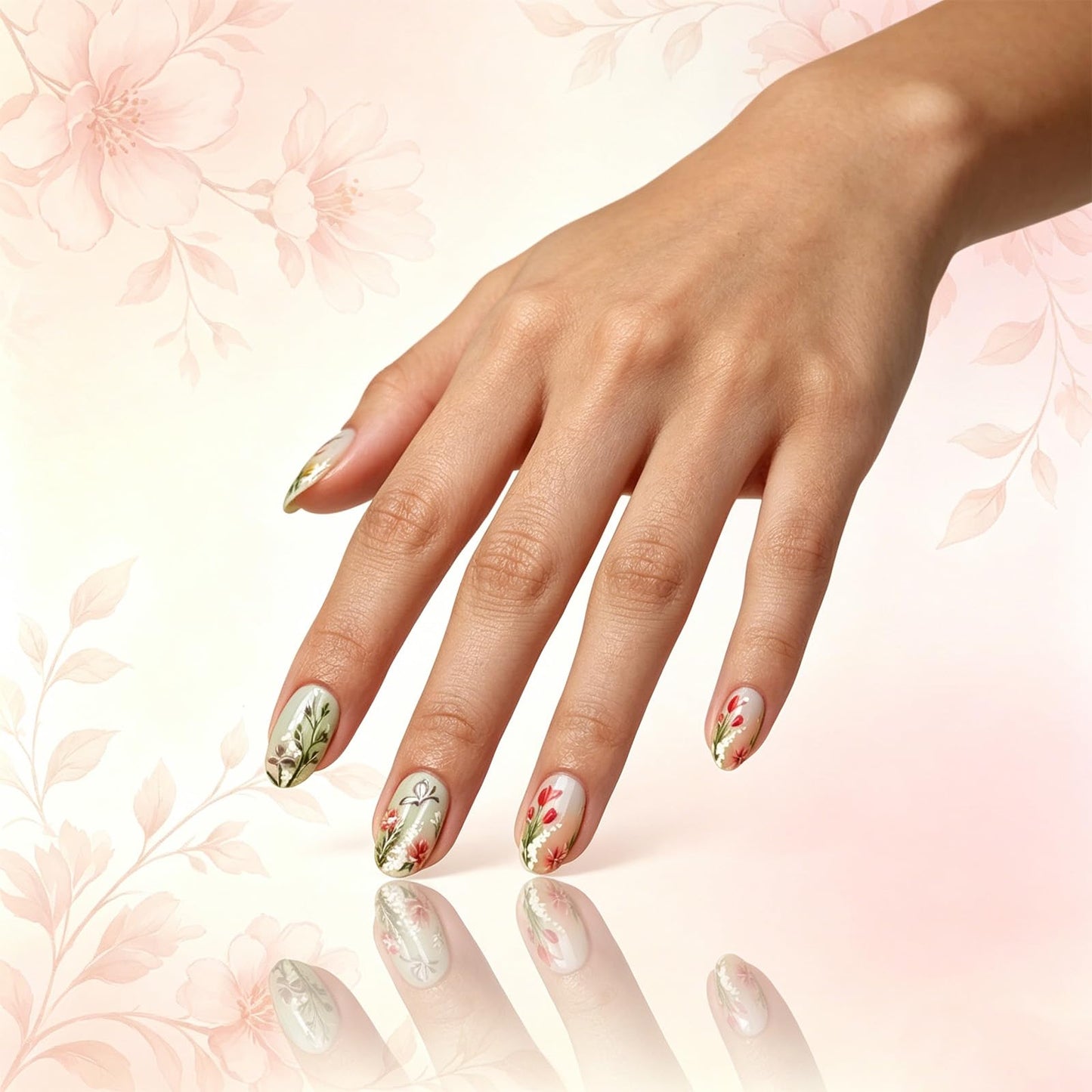 Flower Press on Nails Short Oval, Floral False Nails, Glossy Green Ombre Fake Nail Butterfly Glue on Nail, Leaf Stick on Reusable Acrylic Fingernails for Women Summer Daily Wear
