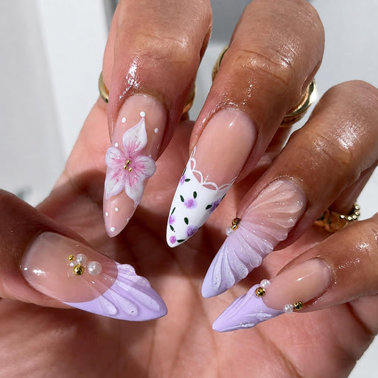 Long Press on Nails Almond Fake Nails Lavender Artificial Nail 3D Flower Shell Tip Pearl Gold Bead Floral French Glossy Stick on Nail Fairy Garden Look for Women 24pcs
