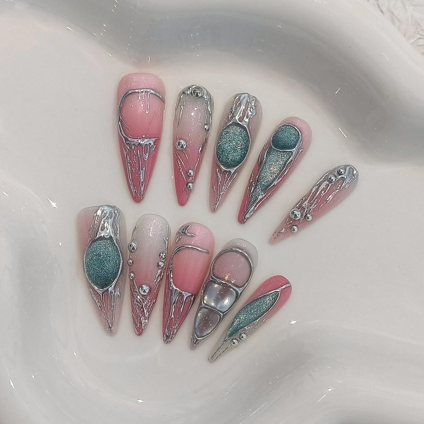 TENPAL Long Stiletto Press on Nails,Pink-Silver Holographic Gradient Hand-Painted Moons Fake Nails with 10pcs Tools,3D Cat Eye Glitter False Nails,Edgy Meteors Design Sweet-Edge Metal Nails(M)