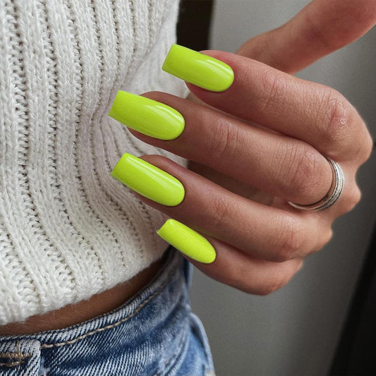 KQueenest Neon Green Press on Nails Long Medium Square, Lime Green Fake Nails Medium Coffin, Glossy Sheer Color Acrylic Nails Press ons, Reusable Soft Gel Glue on Nails for Women Summer