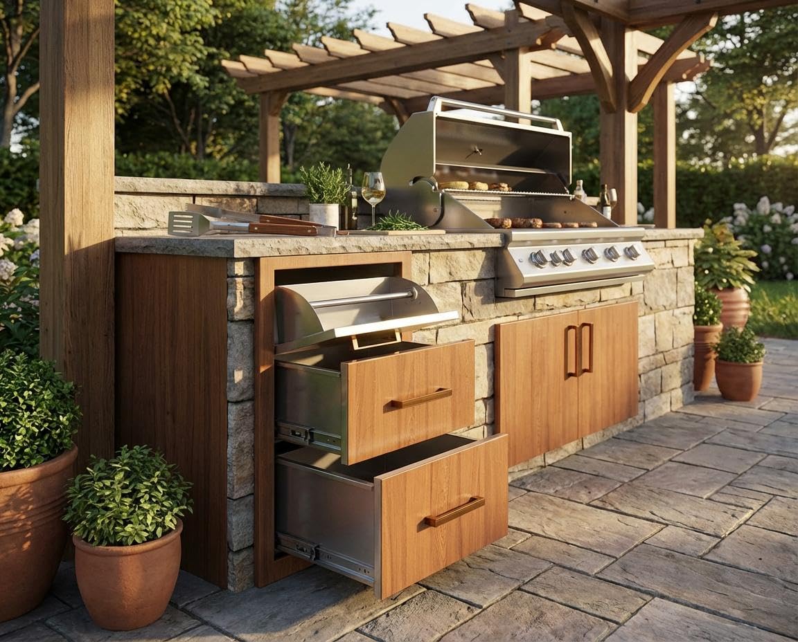 GarveeLife Outdoor Kitchen Drawers, 17" w x 30" h x 21" d Flush Mount Triple Drawers with Paper Towel Rack, 304 Stainless Steel Triple BBQ Drawer for Kitchen Island, Patio Grill Station, Brown Grain