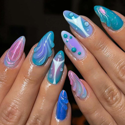 IMSOHOT Almond Press on Nails Medium Fake Nails Blue White Ombre False Nails with 3D Designs Glossy Glue on Nails Full Cover Cute Gel Handmade Summer Nail Supplies 24Pcs