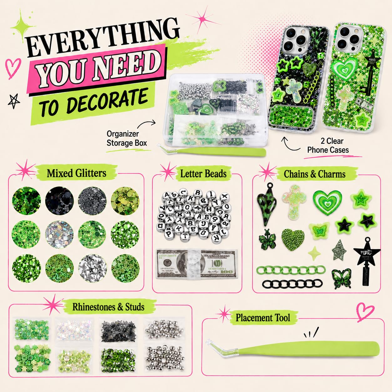 Prdingfy Green DIY Decoration Charms Kit, 3D Resin Flatback Charms with Stars, Starbursts, Flowers, Rhinestones, Moons & Bears for Phone Case Crafts & Nail Art Accessories
