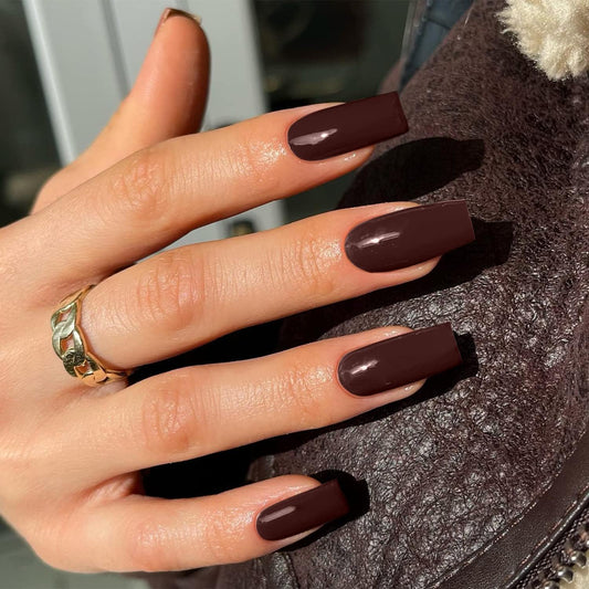 Brown Press On Nails Medium Long Square, Xcreando Medium Coffin Nails Acrylic Press ons Glue on Nails Long Length, Solid Color Fake Nail for Women, Natural Thick Artificial Nail Stick on