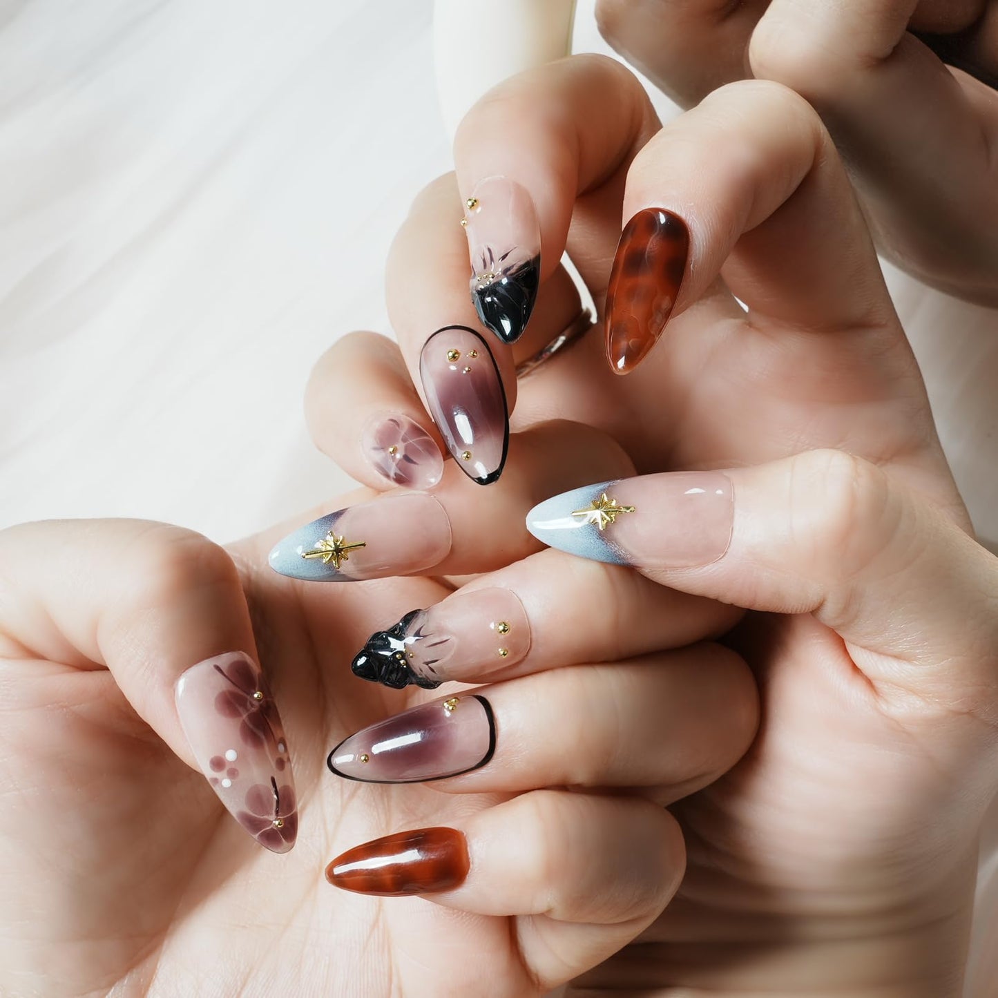 Tesytto Handmade Press on Nails Medium Almond, Nude Brown Gradient Floral Fake Nails, Glossy Reusable Stick On Acrylic Nails with Gold Charms Luxury Salon Design (Dusk Pastel Gradient Flowers, M)