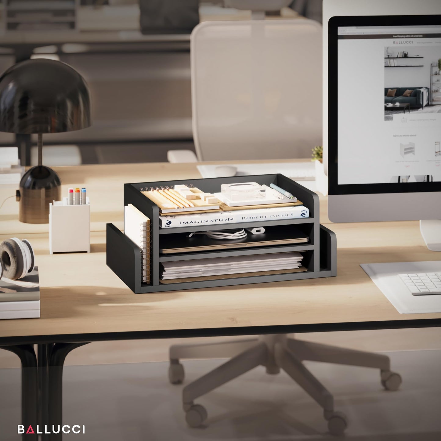 Ballucci 3-Tier Desk Organizer with 2 Side Mail Sorter Slots, Wood Letter Tray, Open Top Paper Organizer, Desktop File Organizer, Black