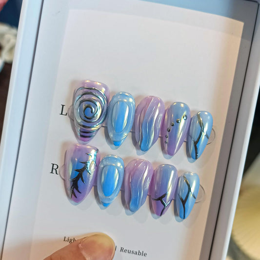 TENPAL Aurora Blue Purple Metallic Nails,Handmade Press on Nails Almond,Full Cover Soft Gel Fake Nails With Tools, Glossy Glitter Glue on Nails With Curves Swirls 10pcs/Box Stick on Nails,XS Size